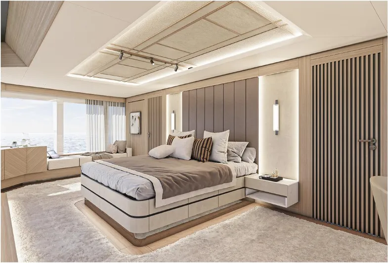 Numarine 45xp Yacht Photos Pics Luxurious bedroom interior of 2027 Numarine 45XP yacht with modern design and ocean view.