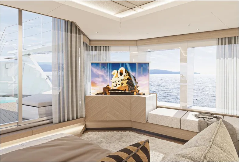 Numarine 45xp Yacht Photos Pics Luxurious interior of 2027 Numarine 45XP yacht with ocean view and entertainment system.