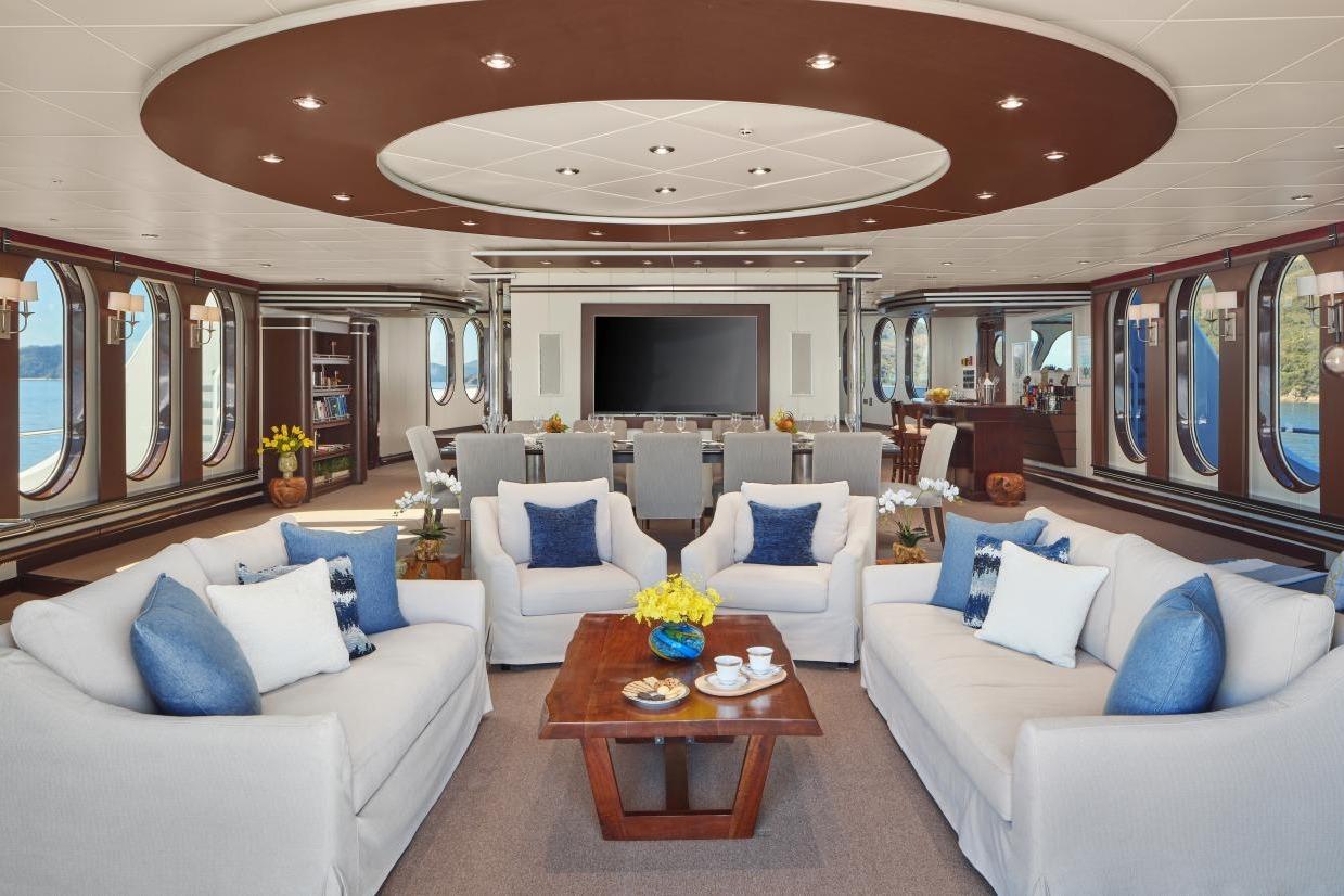 Luxurious interior of 1982 Shadow Marine Custom Expedition Yacht with elegant seating and decor.