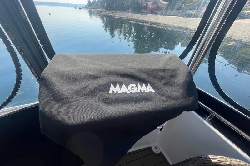  Yacht Photos Pics 2002 Carver 346 Aft Cabin with Magma grill cover, scenic waterfront view.