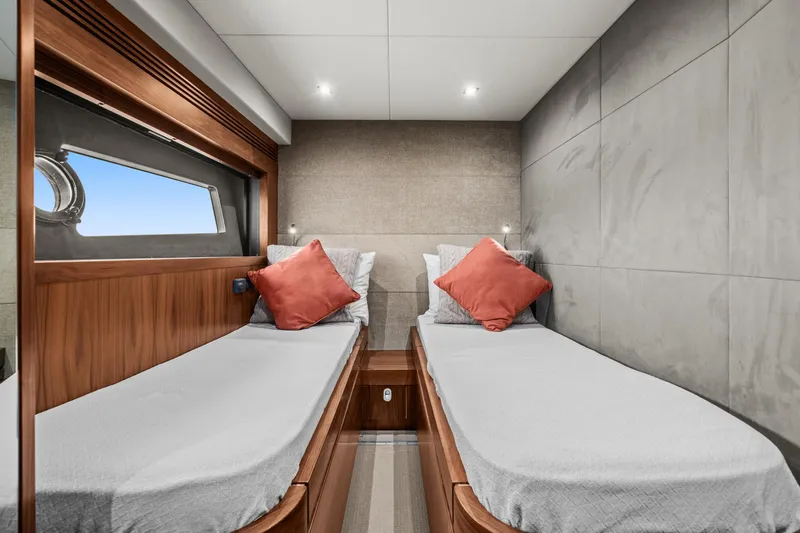  Yacht Photos Pics Twin cabin in 2014 Sunseeker 75 Yacht with modern decor and ocean view.
