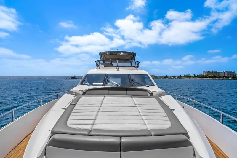  Yacht Photos Pics 2014 Sunseeker 75 Yacht on open water with clear blue sky.