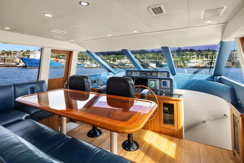 Escencia Yacht Photos Pics Luxurious 2003 Pacific Mariner Pilothouse interior with elegant seating and navigation area.