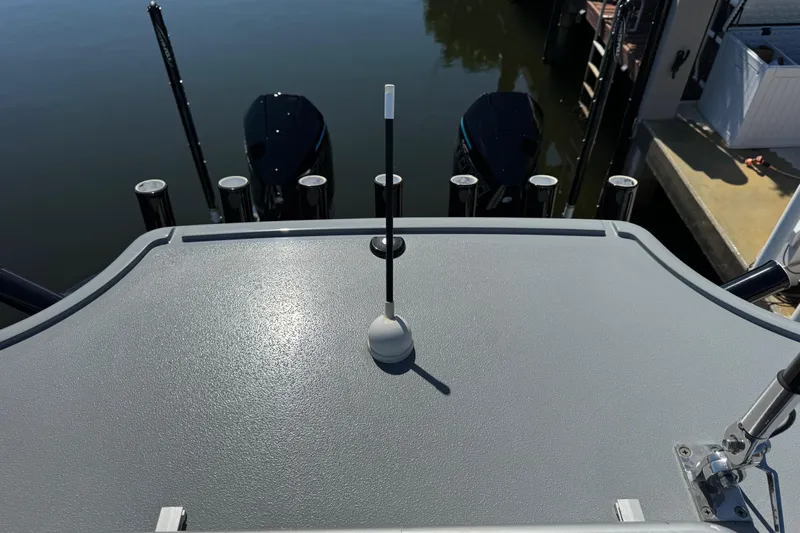  Yacht Photos Pics 2026 Costa Custom Boats 264 HC deck with fishing rod holders and outboard motors.