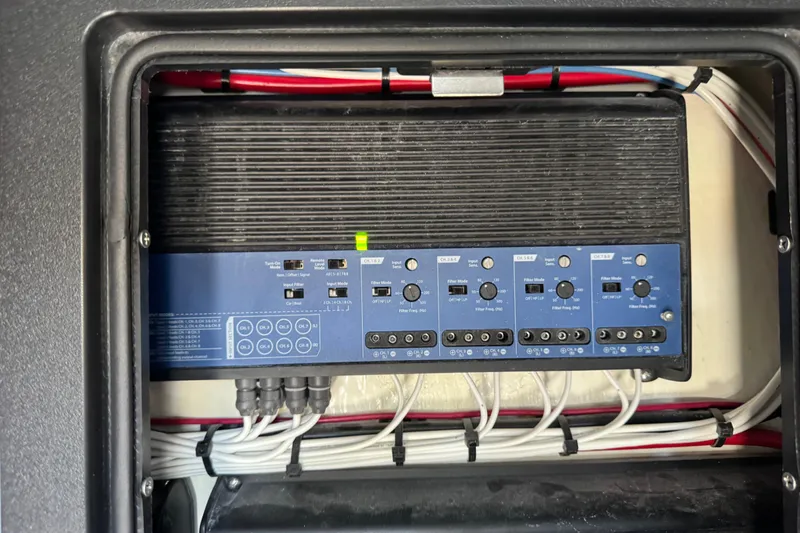  Yacht Photos Pics Audio control panel on a 2026 Costa Custom Boats 264 HC, featuring multiple channels and wiring.