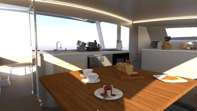 Performance Cruiser Yacht Photos Pics Modern kitchen interior of 2024 Catamaran Cruisers Power Cat with wooden dining table.