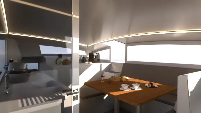Performance Cruiser Yacht Photos Pics Modern interior of 2024 Catamaran Cruisers Power Cat with dining area and kitchen.
