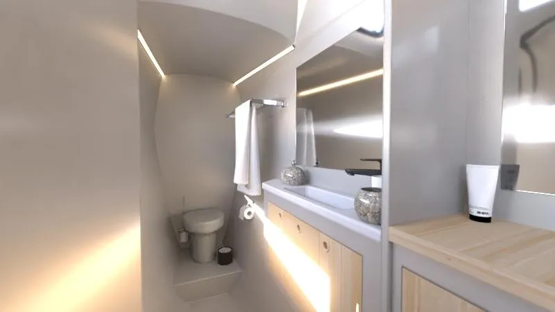 Performance Cruiser Yacht Photos Pics Modern bathroom in 2024 Catamaran Cruisers Power Cat, featuring sleek design and ample lighting.
