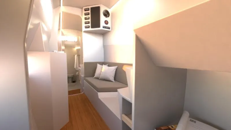 Performance Cruiser Yacht Photos Pics 2024 Catamaran Cruisers Power Cat interior with modern seating and wooden flooring.