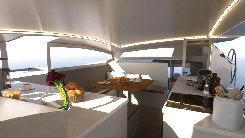 Performance Cruiser Yacht Photos Pics Modern interior of 2024 Catamaran Cruisers Power Cat with kitchen and dining area.