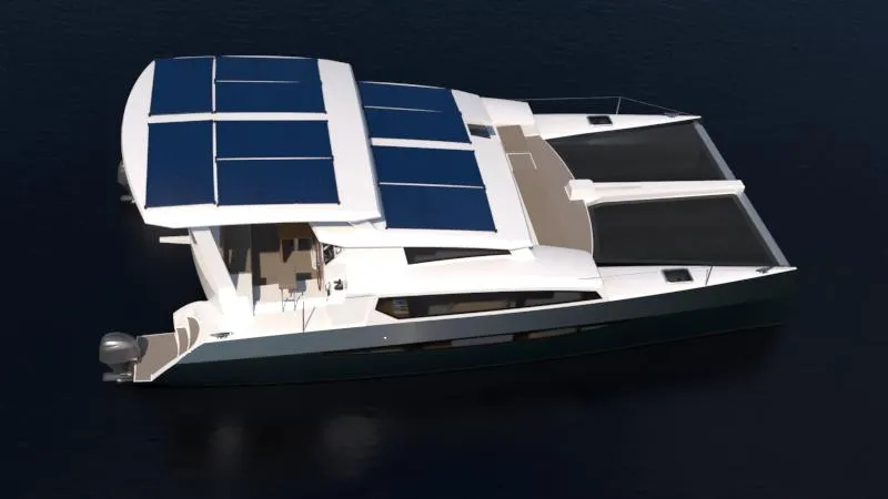 Performance Cruiser Yacht Photos Pics 2024 Catamaran Cruisers Power Cat with solar panels on the roof, cruising on water.