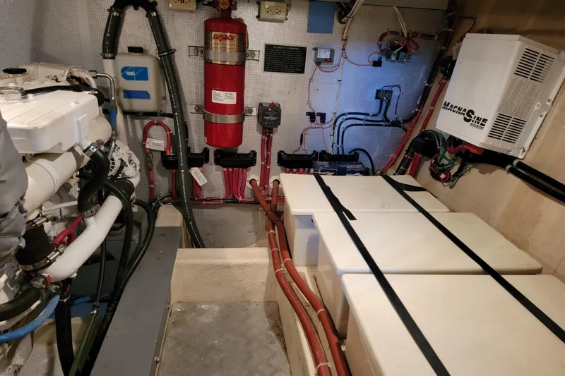 Greymalkin II Yacht Photos Pics Engine room of 2008 North Pacific 39 Pilothouse with equipment and wiring.