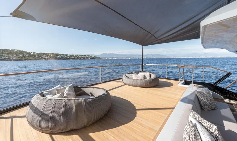 Numarine 30xp Yacht Photos Pics Luxury deck of 2025 Numarine 30XP yacht with ocean view and comfortable seating.