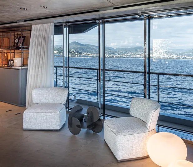 Numarine 30xp Yacht Photos Pics Luxurious interior of 2025 Numarine 30XP yacht with ocean view and modern seating.