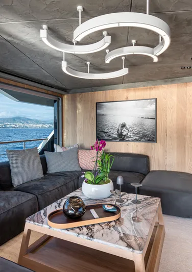 Numarine 30xp Yacht Photos Pics Luxurious interior of 2025 Numarine 30XP yacht with modern decor and sea view.