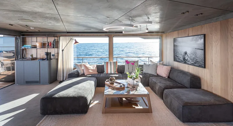 Numarine 30xp Yacht Photos Pics Luxurious interior of 2025 Numarine 30XP yacht with ocean view, modern decor, and comfortable seating.