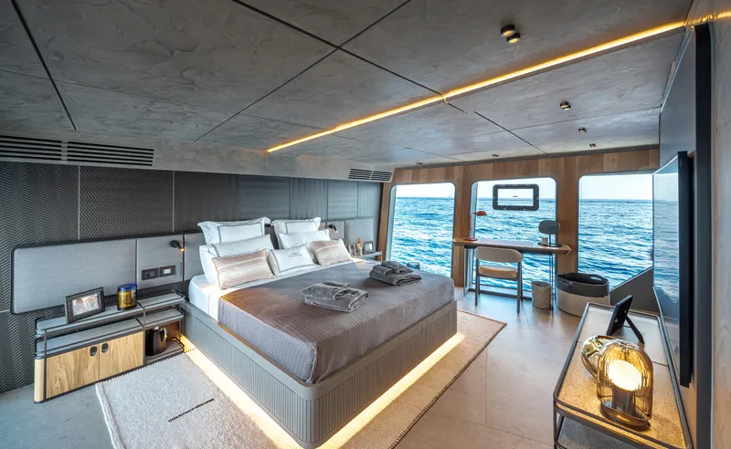 Numarine 30xp Yacht Photos Pics Luxurious bedroom interior of 2025 Numarine 30XP yacht with ocean view.