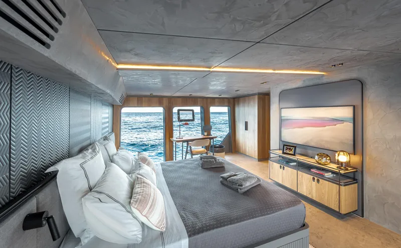 Numarine 30xp Yacht Photos Pics Luxurious bedroom interior of 2025 Numarine 30XP yacht with ocean view.