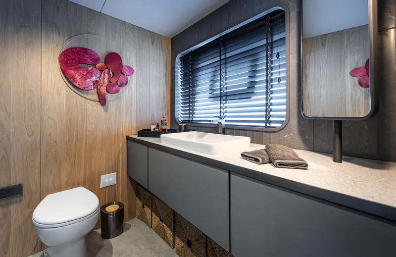 Numarine 30xp Yacht Photos Pics Luxurious bathroom in 2025 Numarine 30XP yacht, featuring modern fixtures and elegant decor.