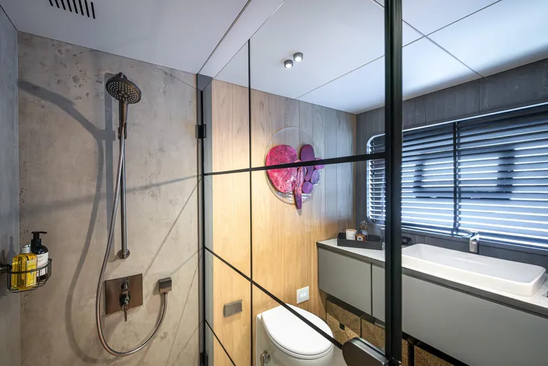 Numarine 30xp Yacht Photos Pics Modern bathroom in 2025 Numarine 30XP yacht with shower, toilet, and sink.