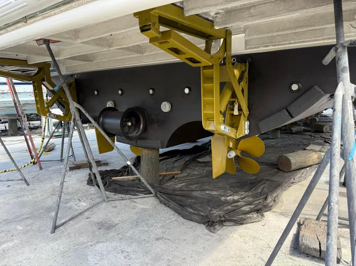 Fantasea Yacht Photos Pics Underwater view of Sirena 64 yacht's propeller and rudder system, 2020 model.