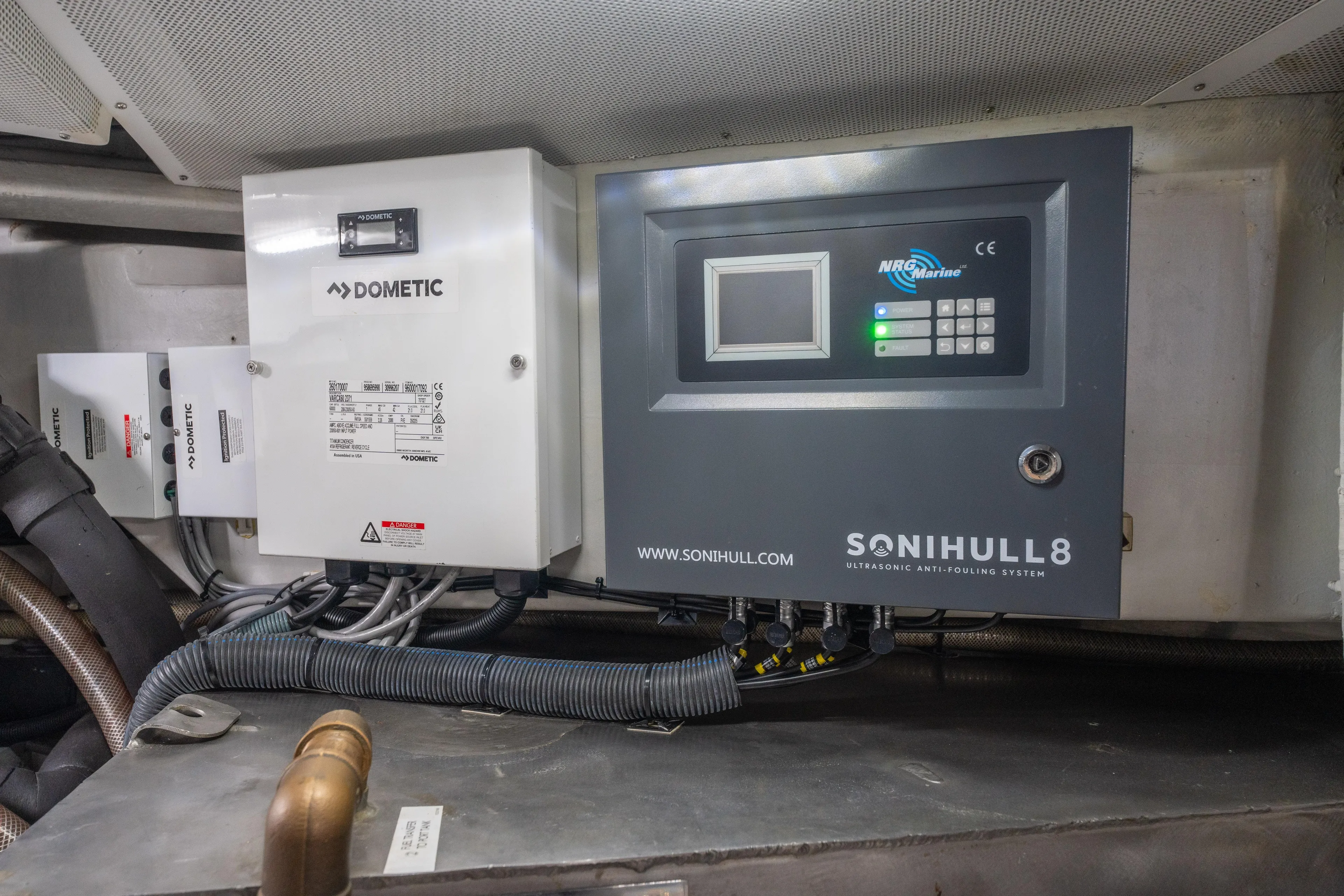 Fantasea Yacht Photos Pics Control panels in a 2020 Sirena 64 yacht, featuring Dometic and Sonihull systems.