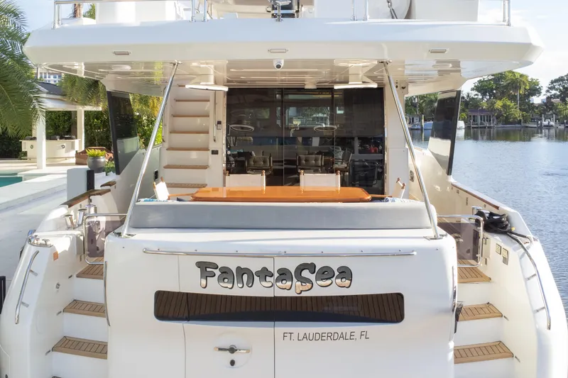 Fantasea Yacht Photos Pics Luxury Sirena 64 yacht, 2020 model, docked in Fort Lauderdale, Florida.