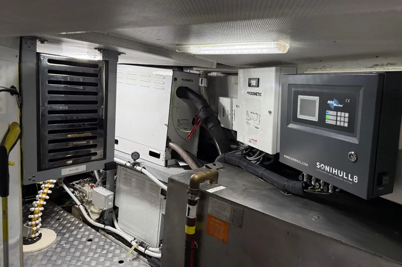 Fantasea Yacht Photos Pics Engine room of 2020 Sirena 64 yacht featuring Sonihull8 antifouling system and Dometic equipment.