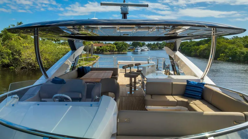  Yacht Photos Pics Luxurious 2019 Sunseeker 86 yacht with spacious deck and scenic waterway view.