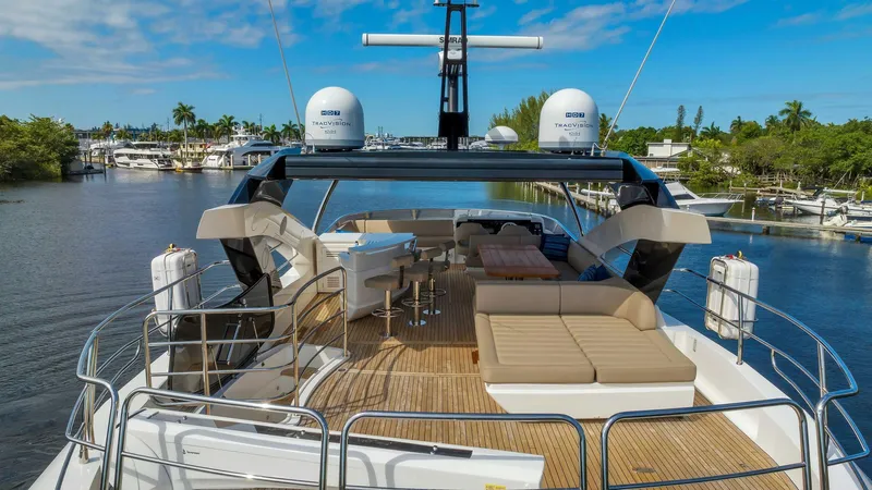  Yacht Photos Pics Luxurious 2019 Sunseeker 86 yacht with spacious deck and seating area on a serene waterway.