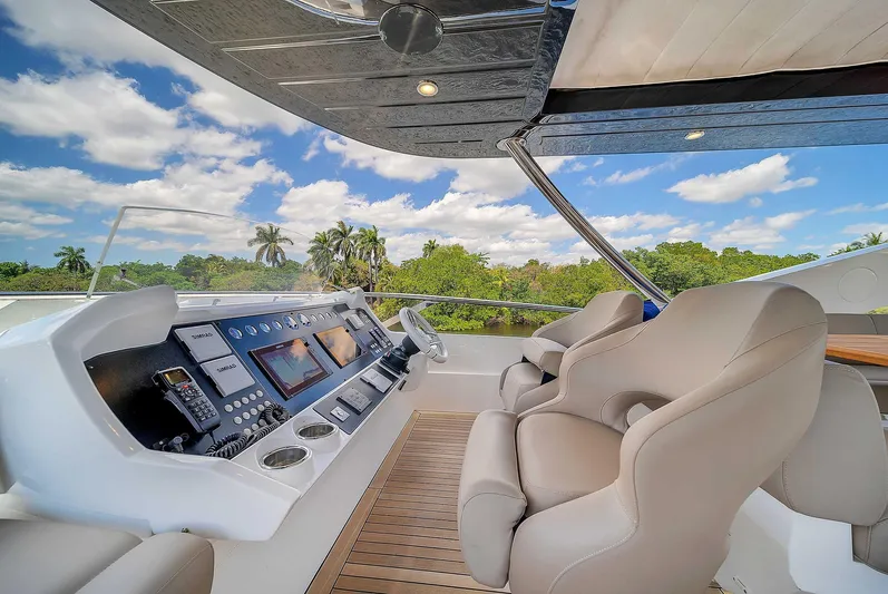  Yacht Photos Pics Luxurious Sunseeker 86 yacht helm with plush seating, 2019 model, under a clear blue sky.