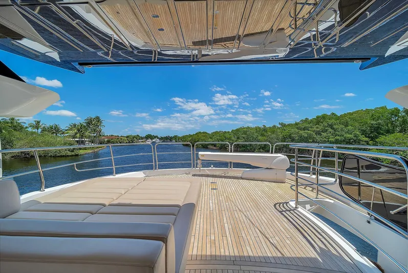  Yacht Photos Pics Luxurious 2019 Sunseeker 86 yacht deck with scenic river view.