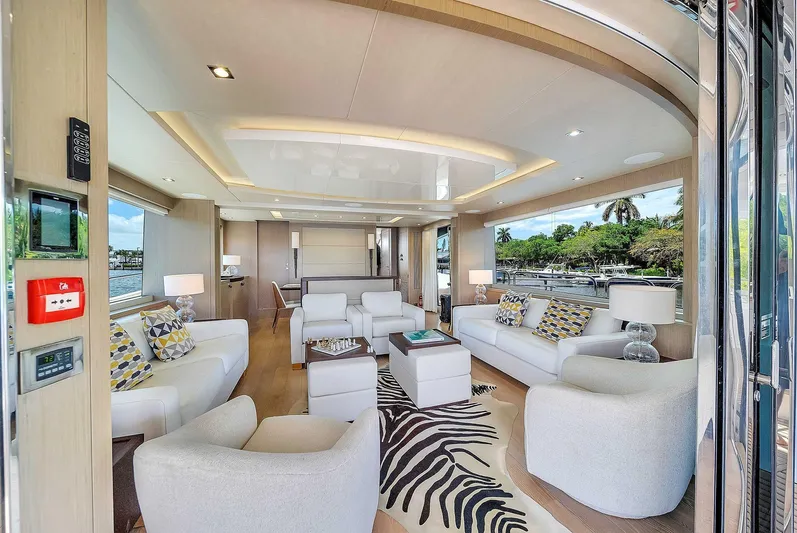  Yacht Photos Pics Luxurious interior of 2019 Sunseeker 86 yacht with modern furnishings and scenic views.