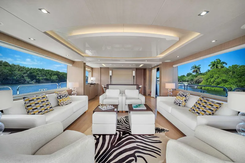  Yacht Photos Pics Luxurious interior of 2019 Sunseeker 86 yacht with modern decor and scenic views.