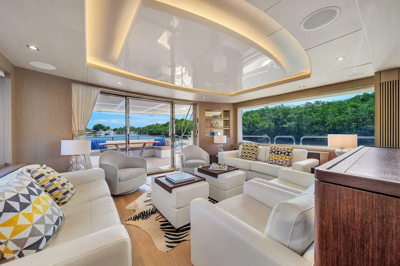  Yacht Photos Pics Luxurious interior of 2019 Sunseeker 86 yacht with elegant seating and modern decor.