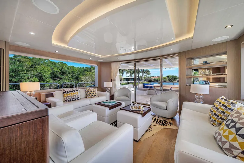 Yacht Photos Pics Luxurious interior of 2019 Sunseeker 86 yacht with modern furnishings and scenic views.