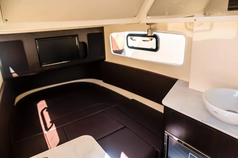  Yacht Photos Pics 2019 Scout 355 LXF cabin interior with TV, sink, and modern design.