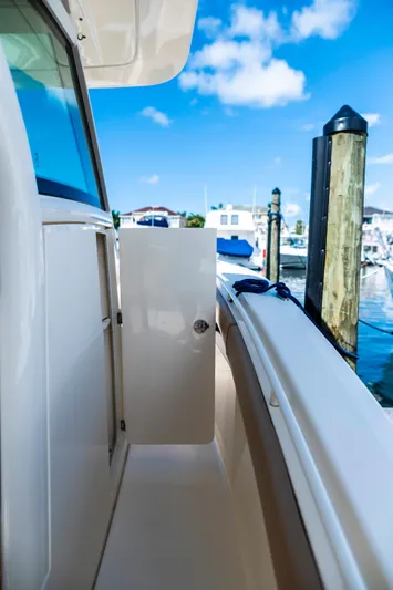  Yacht Photos Pics 2019 Scout 355 LXF boat docked, showcasing sleek design and marina view.