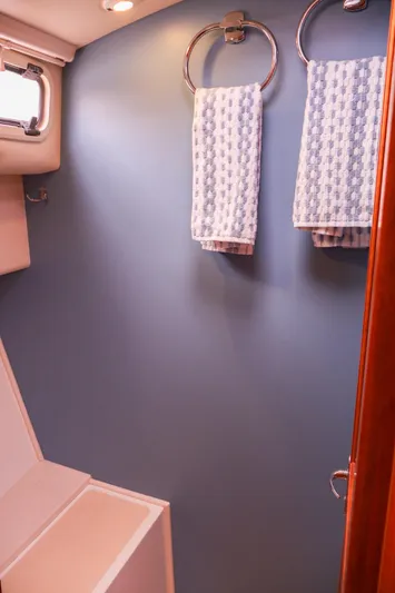 4709tw Yacht Photos Pics 2010 MJM 40z Downeast boat bathroom with blue walls and towel rings.