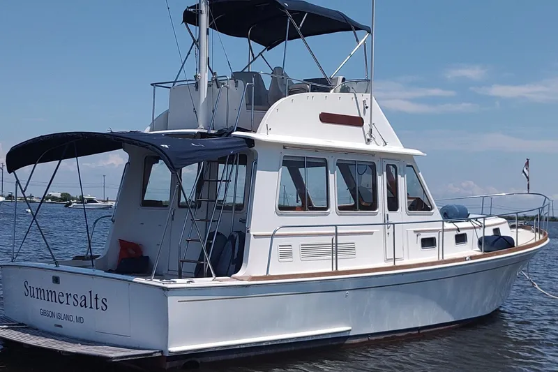 Summersalts Yacht Photos Pics 1996 Grand Banks Eastbay 40 Flybridge yacht on water, featuring a sleek design and flybridge.