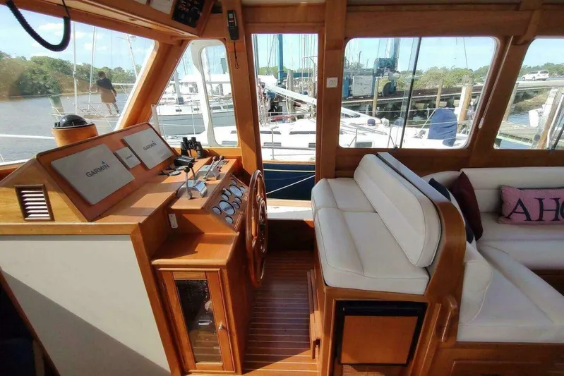 Summersalts Yacht Photos Pics Interior of 1996 Grand Banks Eastbay 40 Flybridge with helm and seating area.