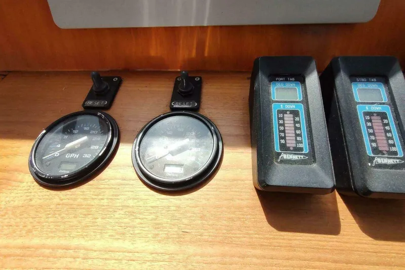 Summersalts Yacht Photos Pics 1996 Grand Banks Eastbay 40 Flybridge dashboard with gauges and trim tab controls.