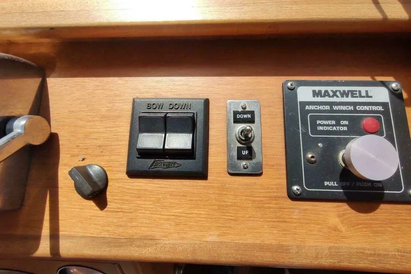 Summersalts Yacht Photos Pics Control panel of a 1996 Grand Banks Eastbay 40 Flybridge with anchor winch controls.