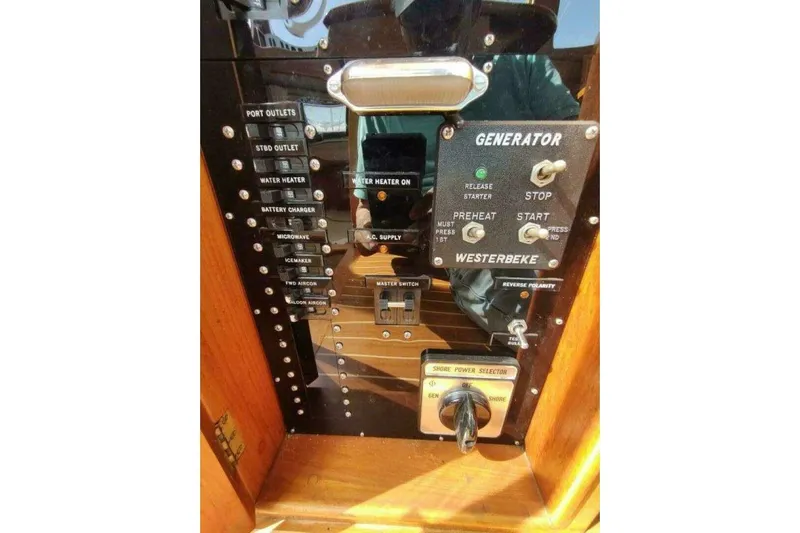 Summersalts Yacht Photos Pics Control panel of a 1996 Grand Banks Eastbay 40 Flybridge boat.