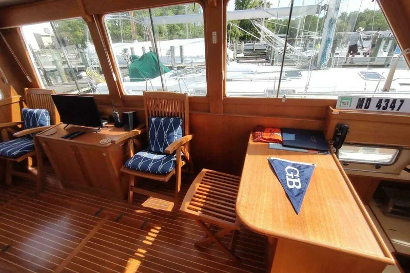 Summersalts Yacht Photos Pics Interior of 1996 Grand Banks Eastbay 40 Flybridge with wooden furnishings and nautical decor.