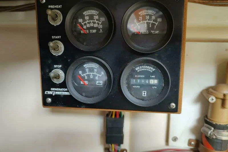 Summersalts Yacht Photos Pics Westerbeke generator control panel on 1996 Grand Banks Eastbay 40 Flybridge boat.