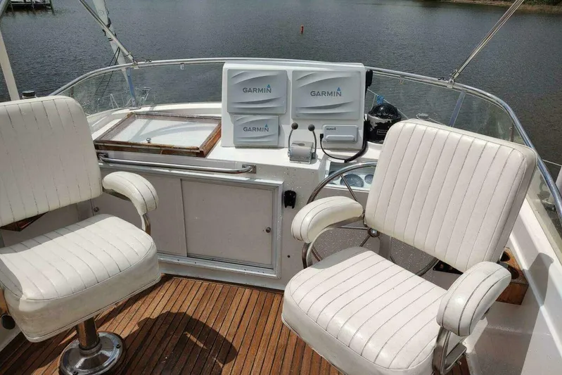 Summersalts Yacht Photos Pics Flybridge of 1996 Grand Banks Eastbay 40 with Garmin navigation, featuring two white captain chairs.