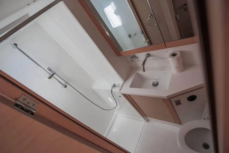  Yacht Photos Pics Bathroom interior of 2018 Lagoon 450 F yacht, featuring shower, sink, and toilet.