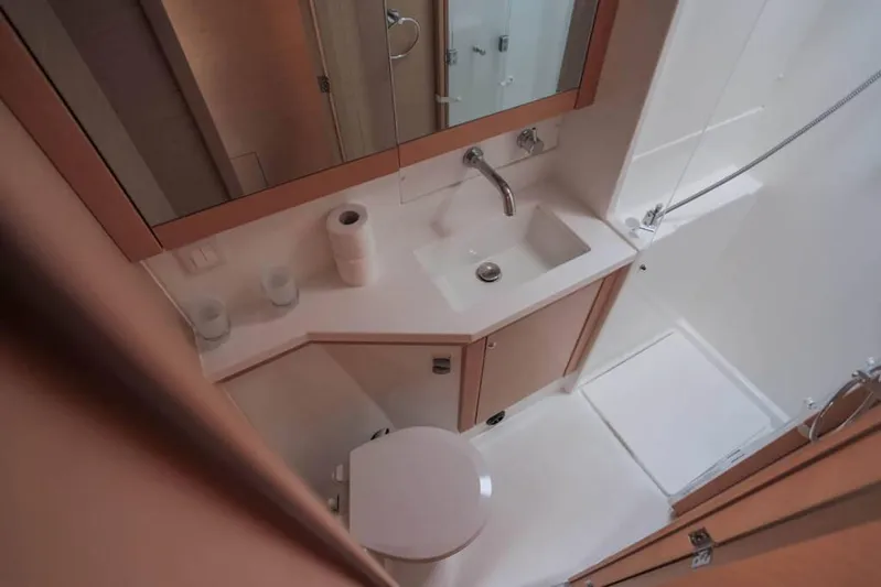 Yacht Photos Pics Bathroom interior of 2018 Lagoon 450 F yacht, featuring sink, toilet, and shower.