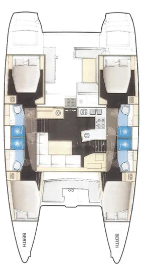  Yacht Photos Pics 2018 Lagoon 450 F catamaran layout with four berths and central living area.